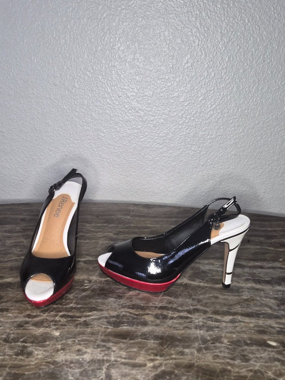 J.Renee Black Patent Peep-Toe Slingbacks with Red Platform and White Heel Accent